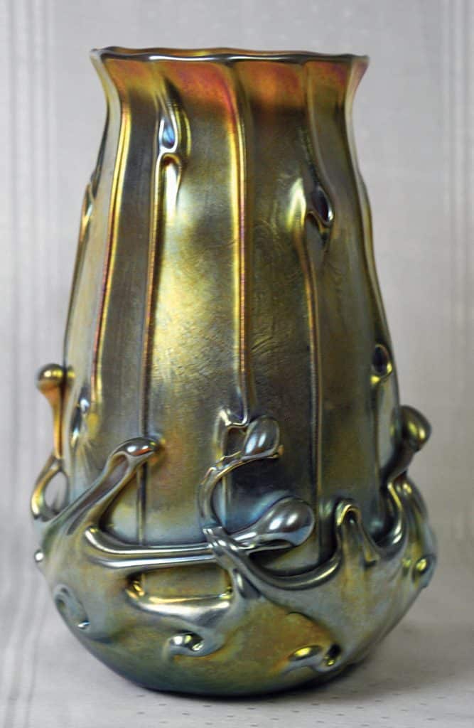 Steven Lundberg studio art glass “Volcano” or “Tsunami” vase, gold doré finish with blue and red highlights