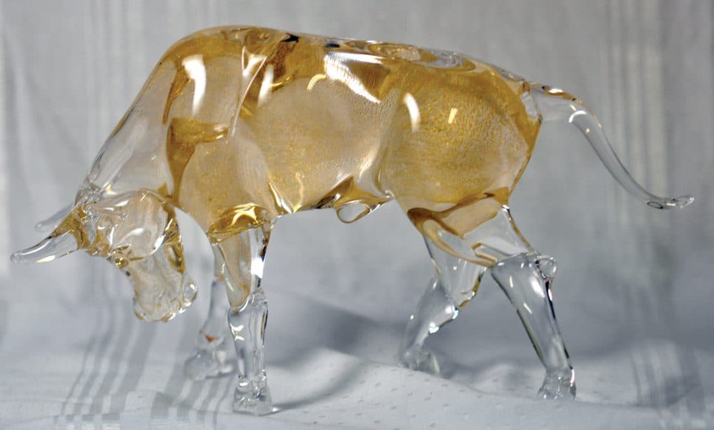 Large Murano glass bull made with gold aventurine glass