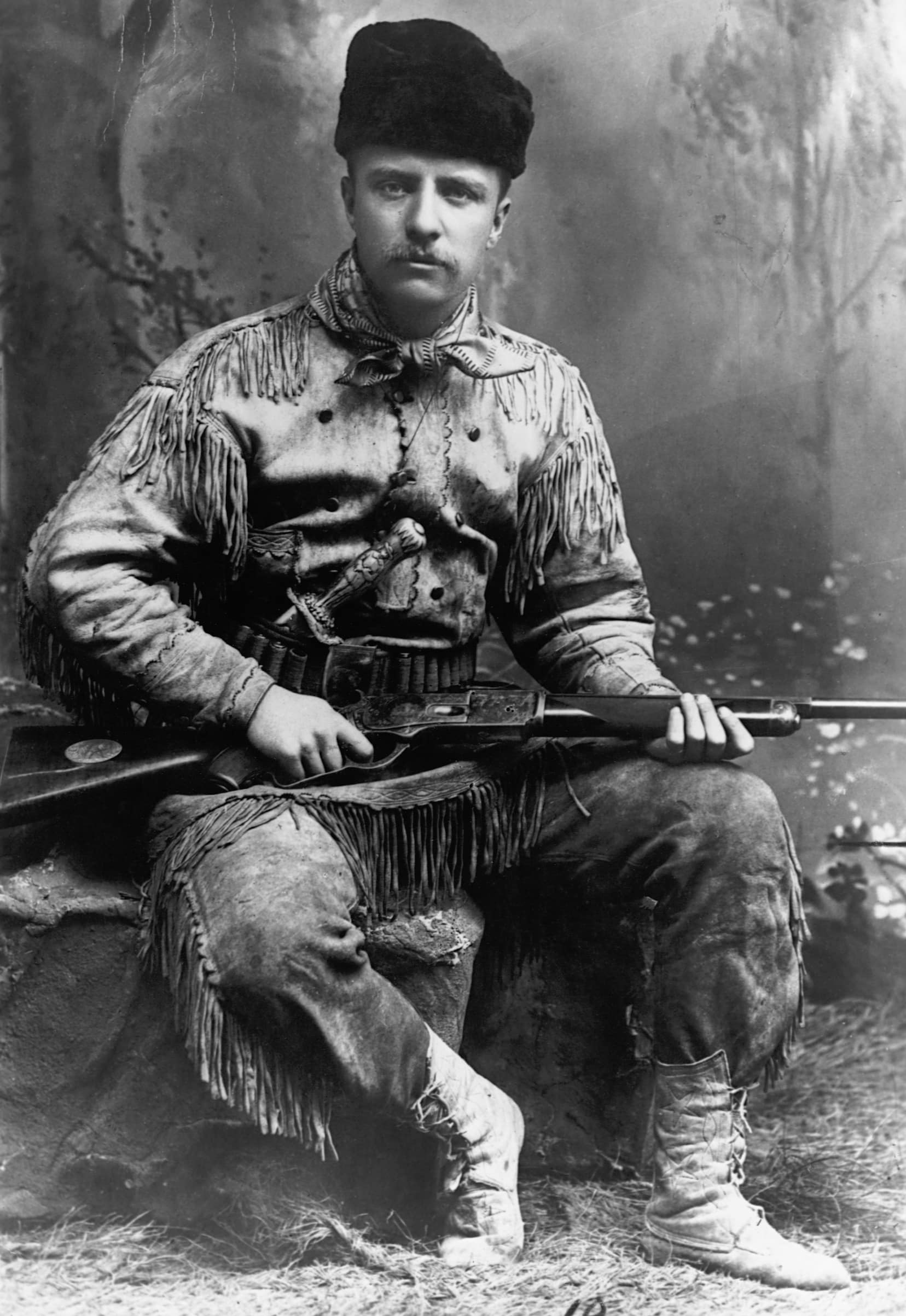 A portrait of Theodore Roosevelt (1858-1919) in buckskin, without his trademark glasses. This portrait is dated 1885, the year he retired to his ranch in the Dakota Territory, following the death of his mother and first wife. photo: TIME