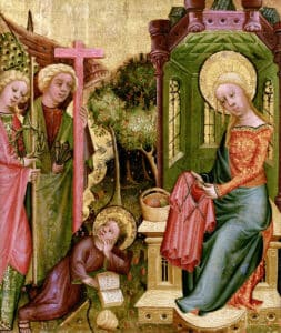 In a trade that was largely male in the Middle Ages, paintings of the Madonna knitting (particularly with an advanced, multi-needle round technique!) stand out and speak to the high value placed on the skill. The Buxtehude Altar, Master Bertram, ca. 1400 Courtesy of Wikimedia Commons.