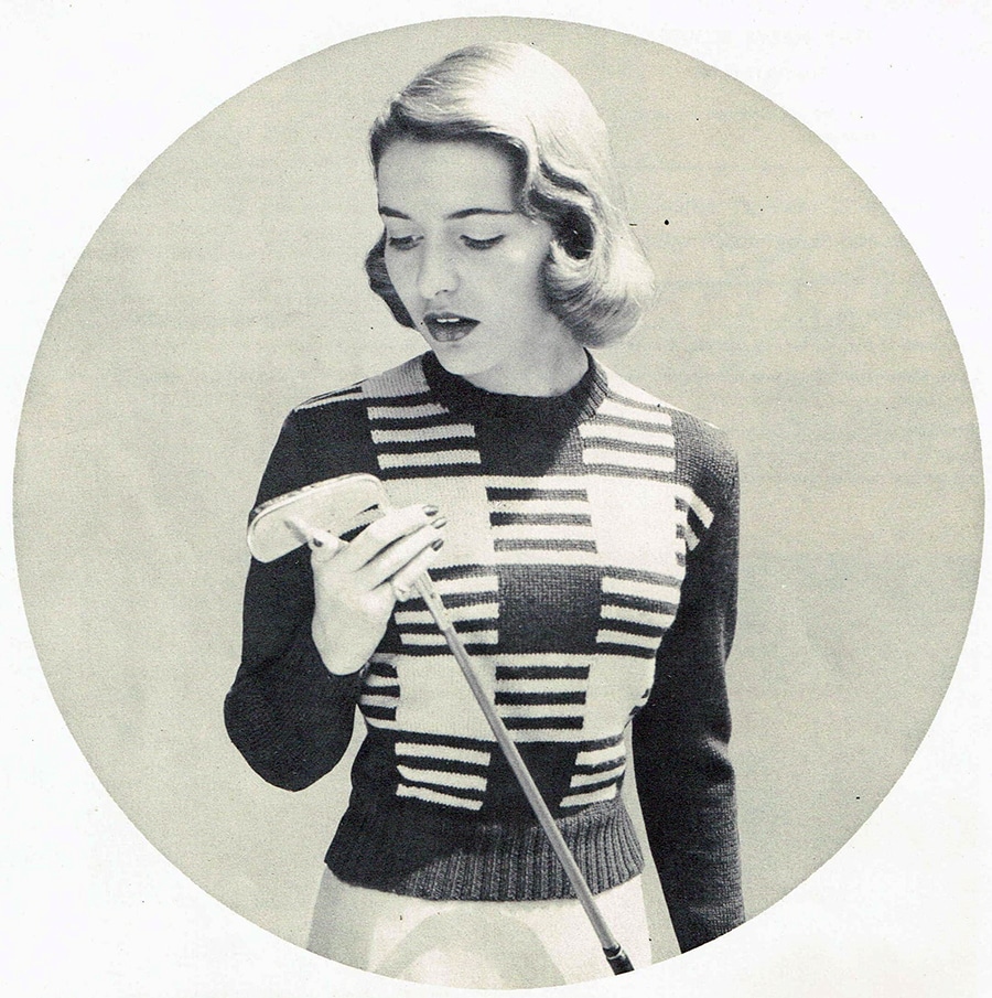 Knitwear was the primary fabric for sporting activities in the 1920s, but with cheaper alternatives such as factory-produced sweatshirts and tracksuits gained traction, knitwear transitioned to the realm of low impact, high-end sports whose users could afford ‘fancier’ knit garments. Knitwear also transitioned to smart casual clothing, which is where we most commonly see it today. Courtesy of HoneyCombPatterns, Etsy.