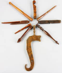 Knitting Sheaths can come in a variety of shapes and sizes and were often indispensable to master knitters. The resemblance to wizards wands is a fun bonus for modern knitters. This collection of rare late 18th/early 19th century English and Welsh hand-carved wood knitting sheaths, nine (9) pieces total, tallest 11". This collection sold for $475 at Kaminski Auctions