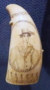 Sea captains’ wives and children sometimes accompanied them on voyages and produced a fair amount of scrimshaw. Notably, Sallie Smith, the wife of Captain Frederick Howland Smith, created pieces that are just as highly regarded, if not more so, then those of her male counterparts. Scrimshaw by an unknown artist, ca. 1830-1860 courtesy of the Brooklyn Museum