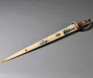 Whales and walruses weren’t the only sea creatures from whom artists created scrimshaw. This late 19th or early 20th century sword was created from the bill of a swordfish, though this example is painted instead of carved or engraved. It sold at Skinner Auctions in 2014 for just over $1,400. photo: Skinner Auctions.