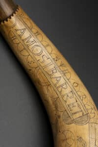 Powder Horn of Amos Barrett, circa 1774. 1994.63 Concord Museum Collection, Gift of Frederick S. Richardson, Peter H. Richardson, and Joan R. Fay (1994).