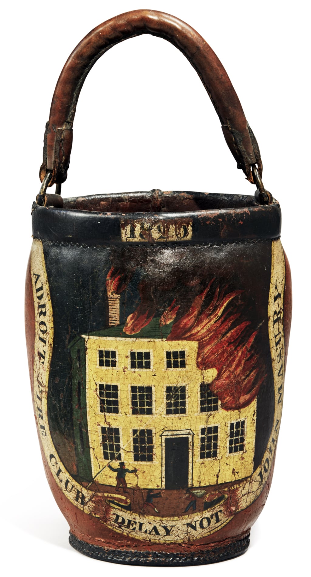 1. Club fire buckets were decorated with their chosen logo, and few examples are as impressive as this Adroit Fire Club example from Salem, MA, ca. 1820. Emblazoned with the club’s name, the owner’s name, and the motto “Delay Not,” this striking example depicts men fighting to save a Federal-style house from burning. According to Sotheby’s, which sold the bucket for $40,000 in 2020, other examples from the Adroit Fire Club carry on the theme of the burning house surviving. photo: Sotheby’s, Triumphant Grace: Important Americana from the Collection of Barbara and Arun Singh, 2020