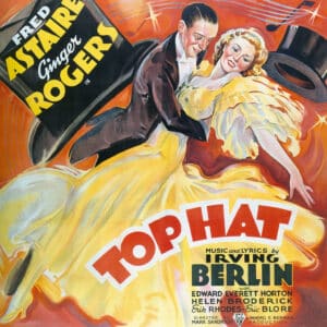 Fred and Ginger again, but as their ‘30s film fans never saw them: in living color. Although Top Hat was in black and white, its promotional posters, like much Deco design, offered a vivid rainbow of hues. The poster illustration is by Frederic C. Madan.