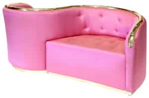 Salvador Dali designed his own tête-à-tête sofa in the 1930s when he collaborated with furniture designer and interior decorator Jean-Michel Frank. Dali’s tête-à-tête design features human elements, the armrest in the middle representing a human arm – a male hand with a watch at one end and a female hand with jewelry at the other.