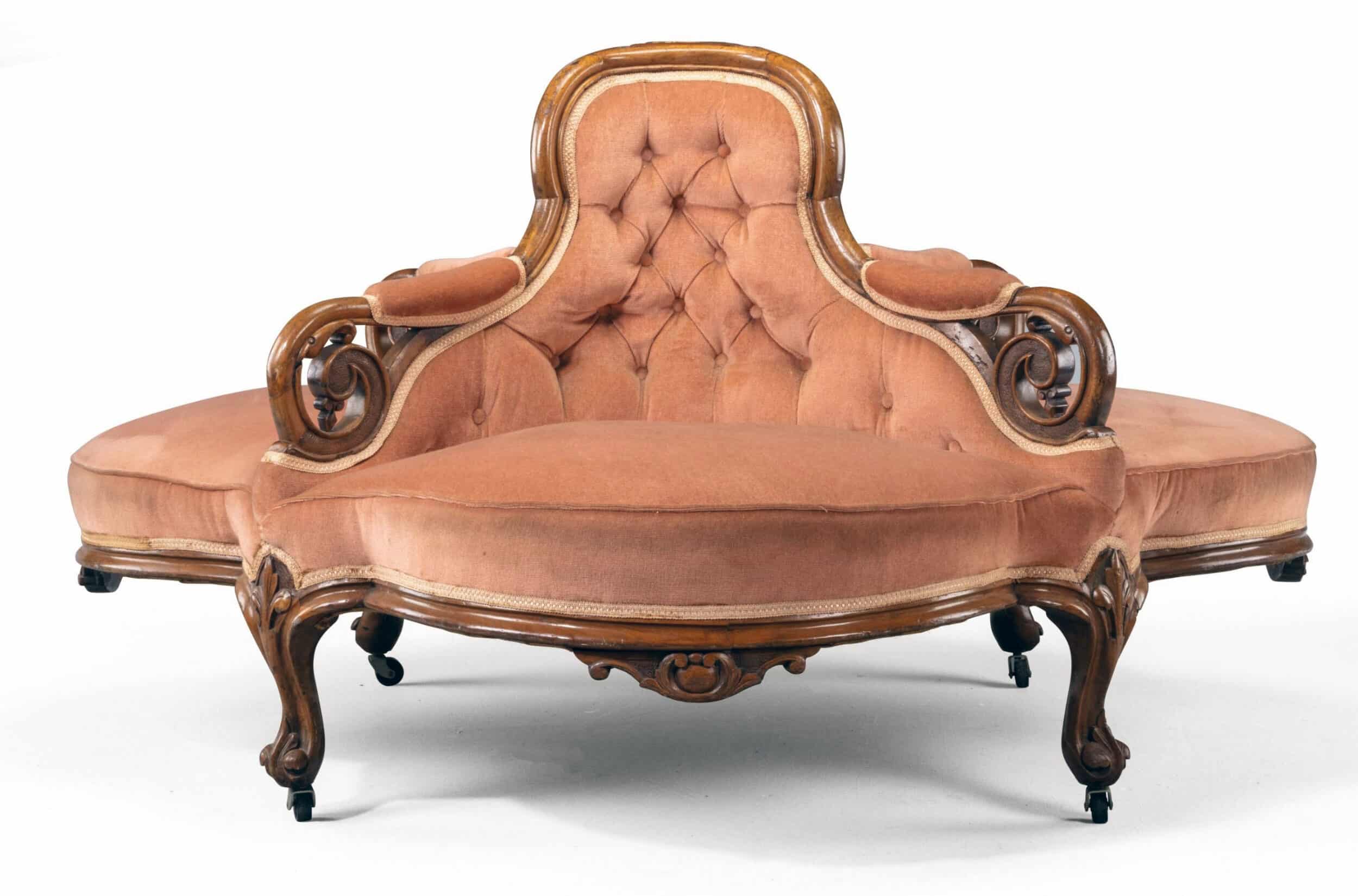 Late 19th century french conversation seat or “borne settee” that would be seen in the center of the American Gilded Age drawing room as the center of communications on the day’s news and gossip.