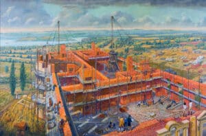 This oil painting called A Vision Takes Form was completed by artist Peter Waddell for the White House Historical Association in 2007. Waddell depicts the White House construction as it may have appeared in 1796.