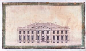 Hoban’s 1793 north elevation drawing reduced the building from three to two floors because of a concern that there was not enough stone at the government quarry to complete both the Capitol and the President’s House. – White House Historical Association, Original Plans Courtesy of the Maryland Historical Society Title image: This drawing has also been used in the title image of this article and has been edited for clarity of viewing