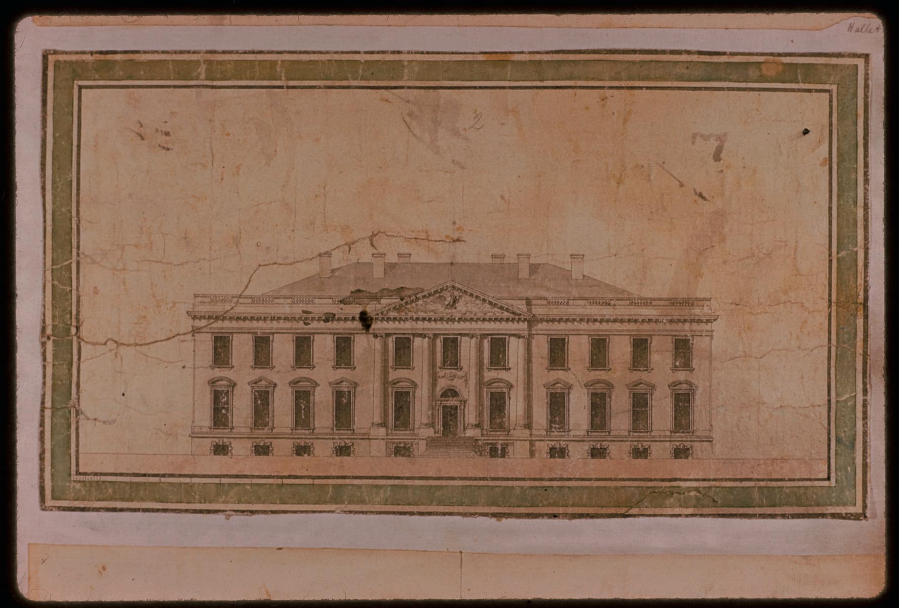 Hoban’s 1793 north elevation drawing reduced the building from three to two floors because of a concern that there was not enough stone at the government quarry to complete both the Capitol and the President’s House. – White House Historical Association, Original Plans Courtesy of the Maryland Historical Society Title image: This drawing has also been used in the title image of this article and has been edited for clarity of viewing