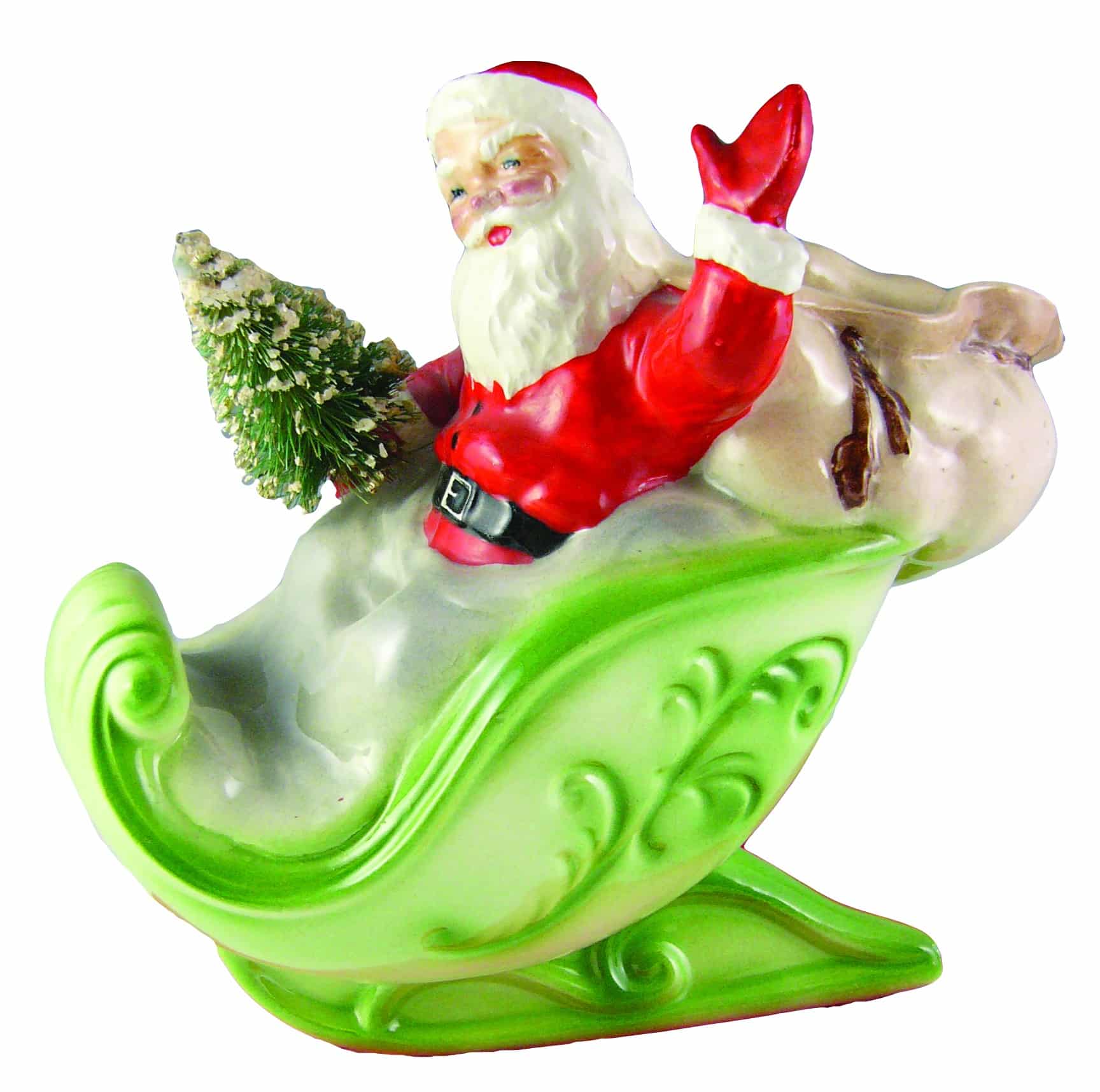 Ceramic Santa in a sleigh by Brad Keeler. 8” h