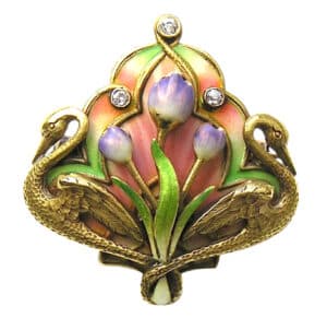14K Enamel Brooch with Swans and Tulips by Krementz