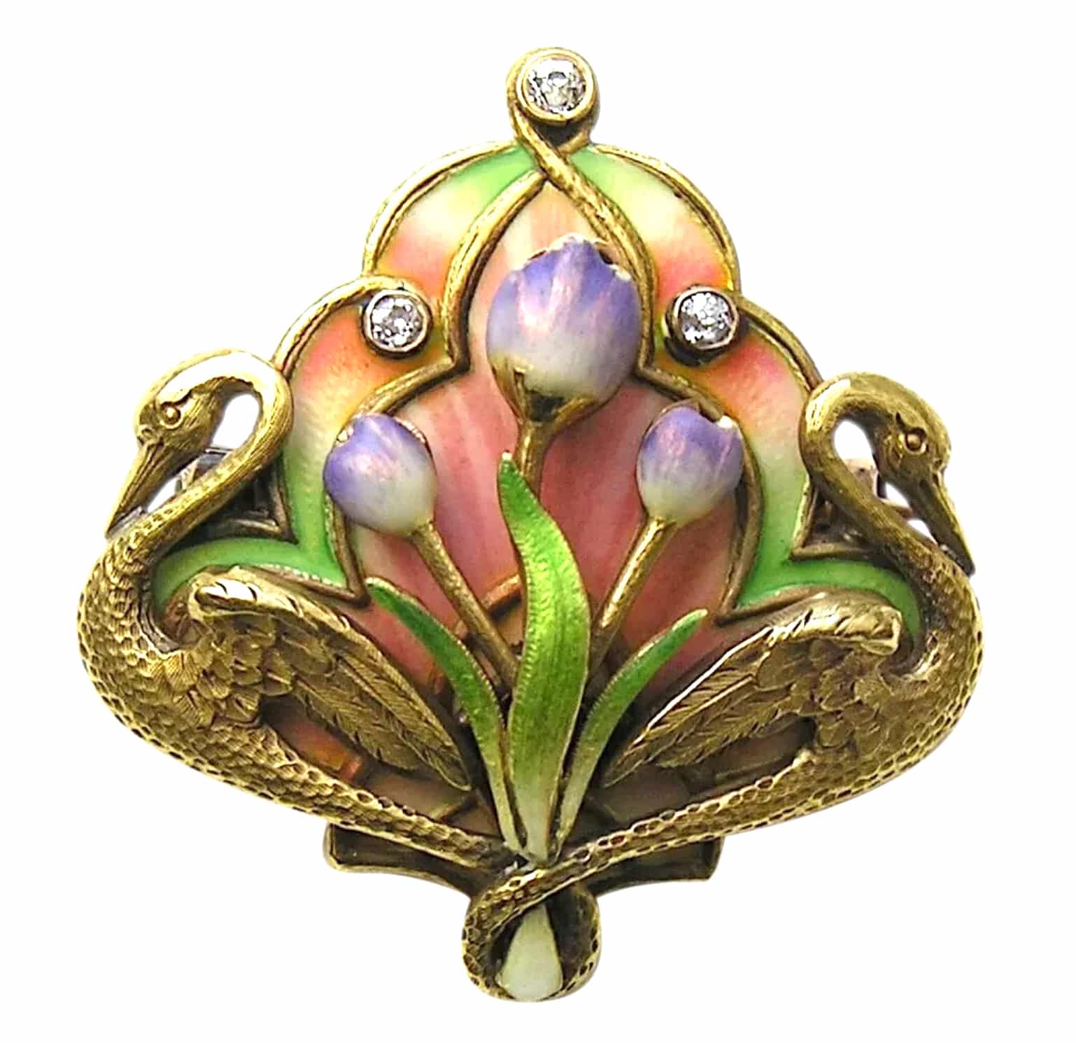 14K Enamel Brooch with Swans and Tulips by Krementz