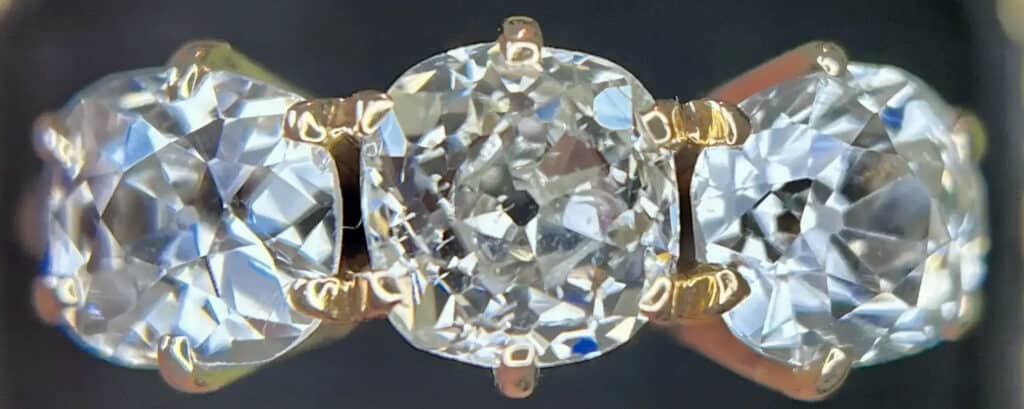 Old Mine Cut Diamond 3 Stone Engagement Ring