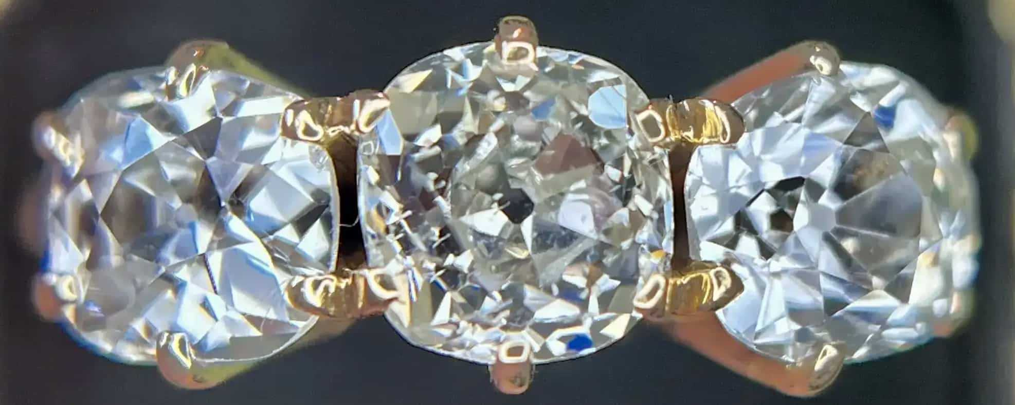 Old Mine Cut Diamond 3 Stone Engagement Ring