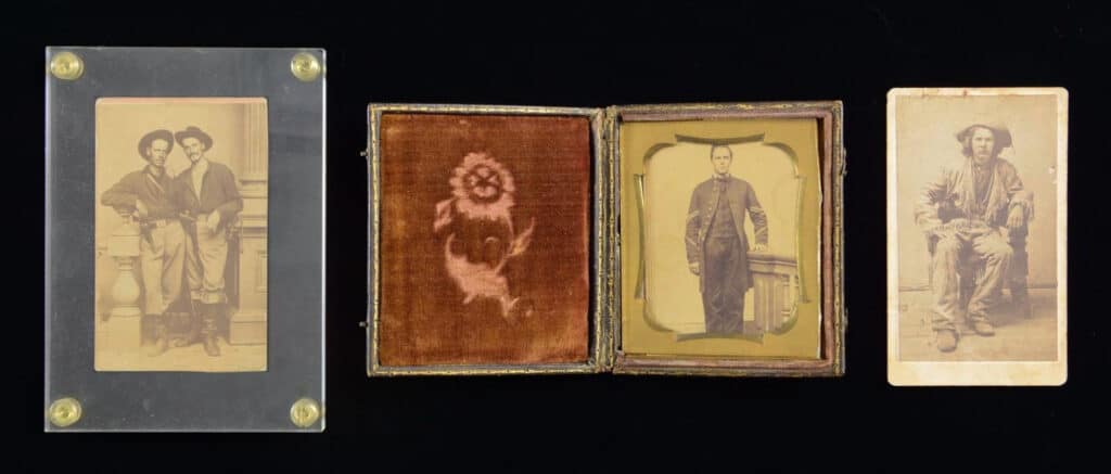Three Civil War Era Identified carte de visite images showing two officers in field dress; trimmed view of standing Corporal “Nathaniel Pottle” in a sixth plate case, and “Uncle Alex,” seated, frontier man. This lot was sold at Poulin Auctions in June, 2024.