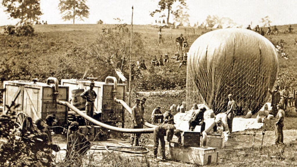 Both sides used hot air balloons to spy on enemy troops. It marked the first time in U.S. history that balloons were used for military reconnaissance. On Sept. 24, 1861, under orders from the Union army, Thaddeus Lowe successfully alighted at Arlington, Virginia to an altitude of over 1,000 feet and telegraphed intelligence on the Confederate troops encamped three miles away at Falls Church, Virginia. Relying on the information Lowe provided, Union guns were able to fire accurately on Confederate targets. The Confederate army’s first successful attempt came on April 13, 1862, when Captain John Randolph Bryan first launched a balloon made from cotton coated with varnish in Yorktown, Virginia.