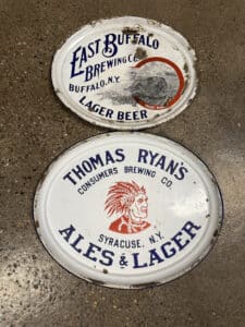 Porcelain beer trays. The value ranges from $600 to $2,500.