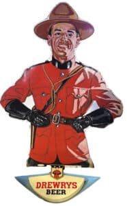 This Canadian Mountie represents Drewrys Brewing Company, founded in McHenry, IL, in 1877. Drewrys originated in Winnipeg, Manitoba, Canada, where it was known as Drewry’s Lake of the Woods Brewery. After moving to a new facility, the first case of Drewry’s Ale was shipped to President Franklin D. Roosevelt because of his involvement in repealing Prohibition.